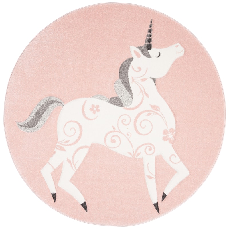 SAFAVIEH, Carousel Kids Mareke Unicorn Rug - 4' Round - Pink/Ivory
