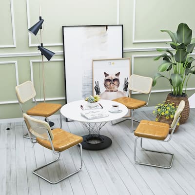 Set of 4 Leather Dining Chair with Cane Back Accent Chair Guest Chair
