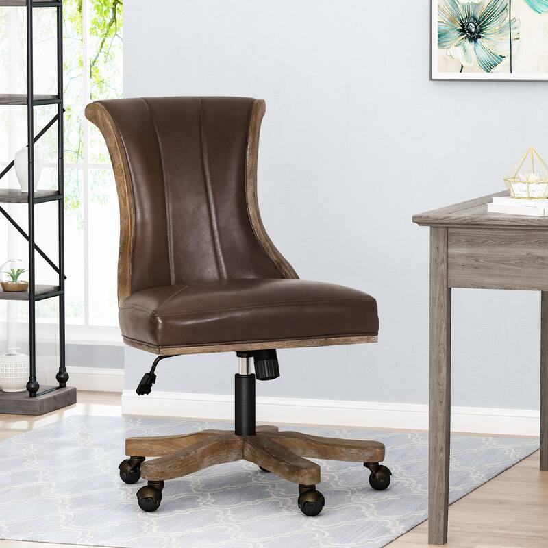 Roomfitters Contemporary Swivel & Lift Office Chair with Adjustable Height, Brown Faux Leather & Weathered Rubberwood Frame