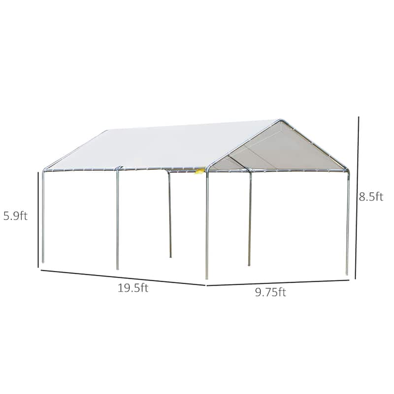 Large Outdoor Carport with Galvanized Steel Frame and White PE Canopy Ground Stakes - 9.6' L x 19.5' W x 8.5' H