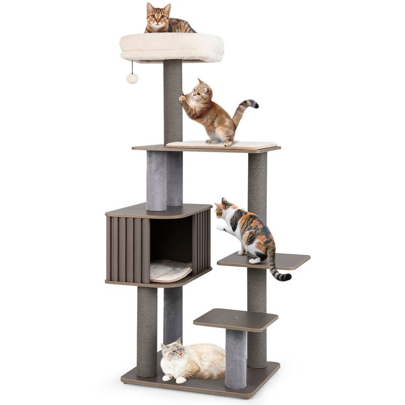 Gymax 59.5'' Tall Cat Tower w/Cushion Top Perch Detachable Mats