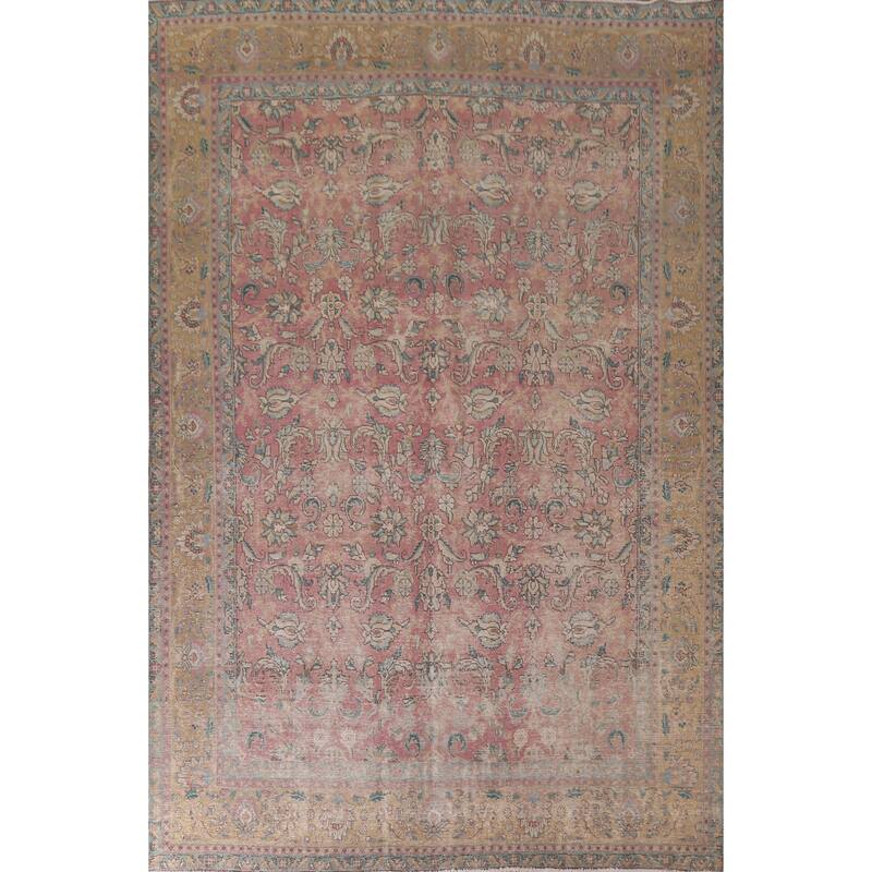 Hand Knotted Oriental 100% Wool Carpet Traditional All-Over Pink Tabriz Area Rug - 12' 8'' X 9' 7''