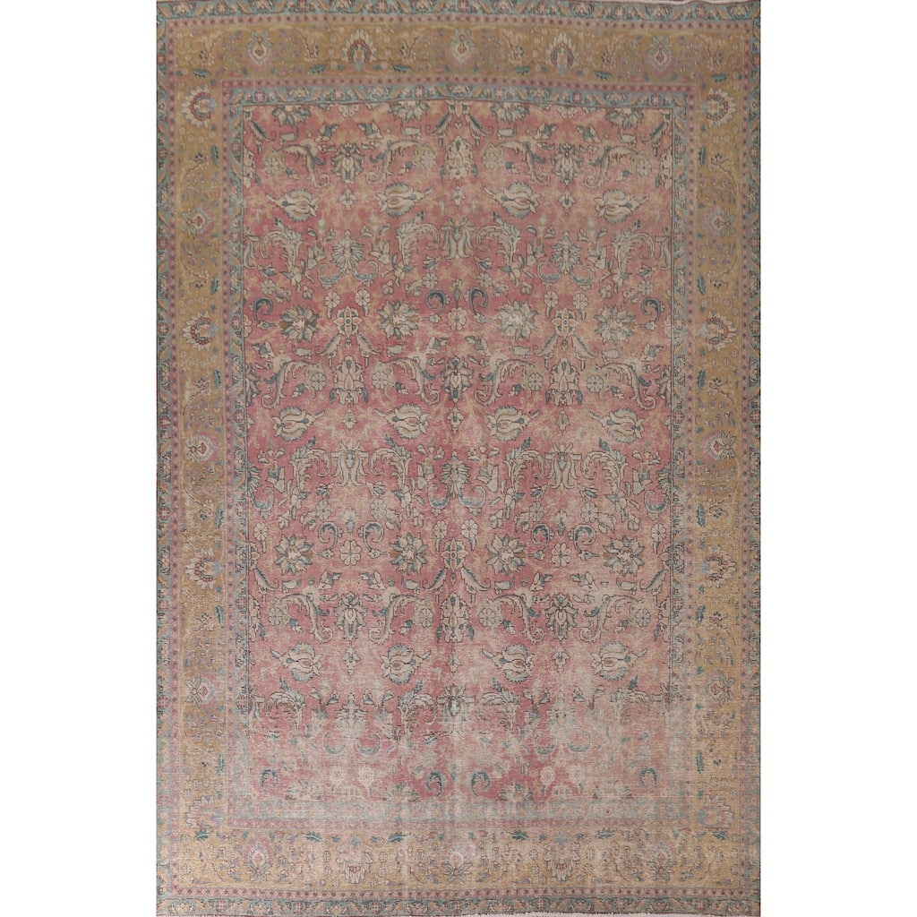 Hand Knotted Oriental 100% Wool Carpet Traditional All-Over Pink Tabriz Area Rug - 12' 8'' X 9' 7''