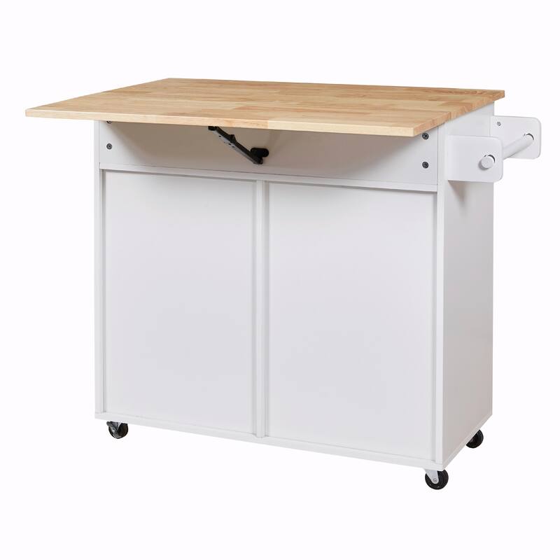 Kitchen Island with Rubber Wood Top, Spacious Drawer, Internal Storage Rack, Wheels