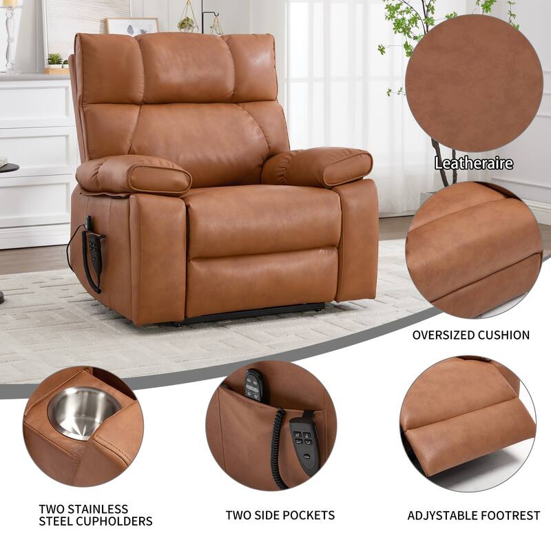 Leatheraire Heat Massage Dual Motor Infinite Position Up to 350 LBS Large Electric Power Lift Recliners with Hidden Cup Holders