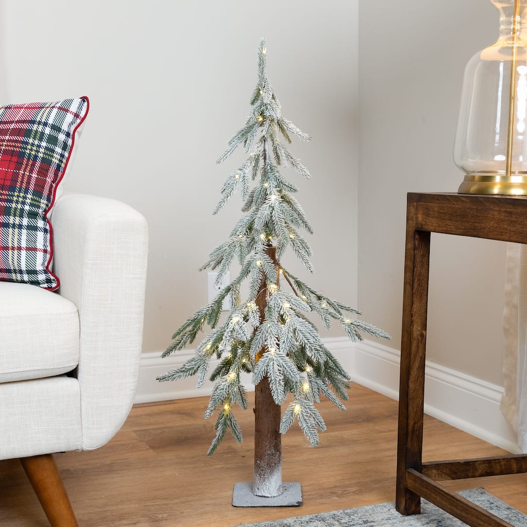 Pre-Lit Flocked Battery Operated Alpine Artificial Christmas Tree - 3' - Clear LED Lights - 3 Foot