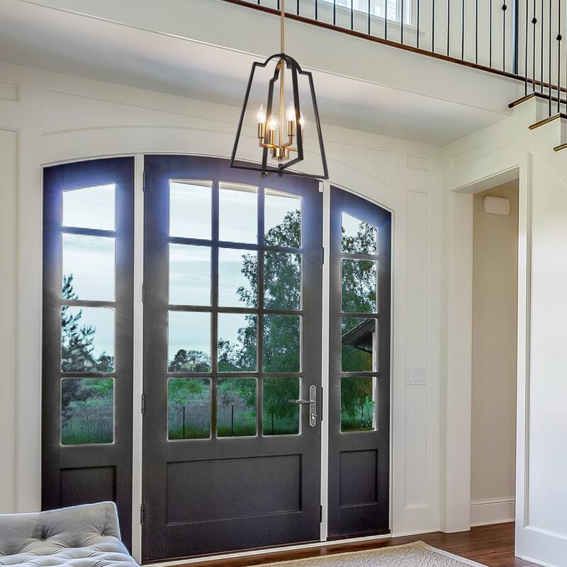 Modern Farmhouse Black Gold 4-Light Lantern Geometric Chandelier Candle Kitchen Island Pendant Light - 14" W x 17.5" H
