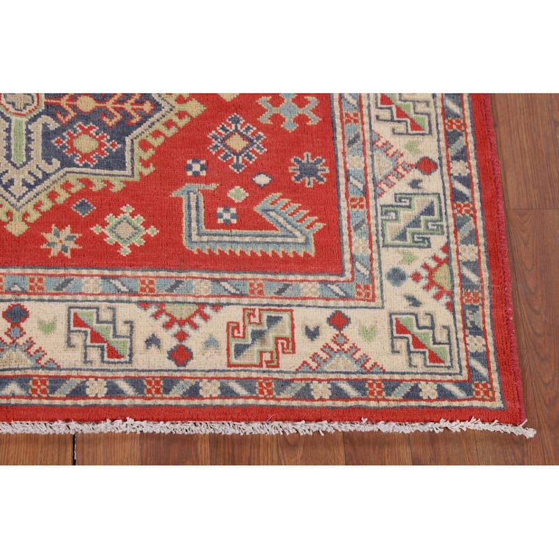 Geometric Kazak Accent Rug Handmade Wool Carpet - 4'2" x 5'9"