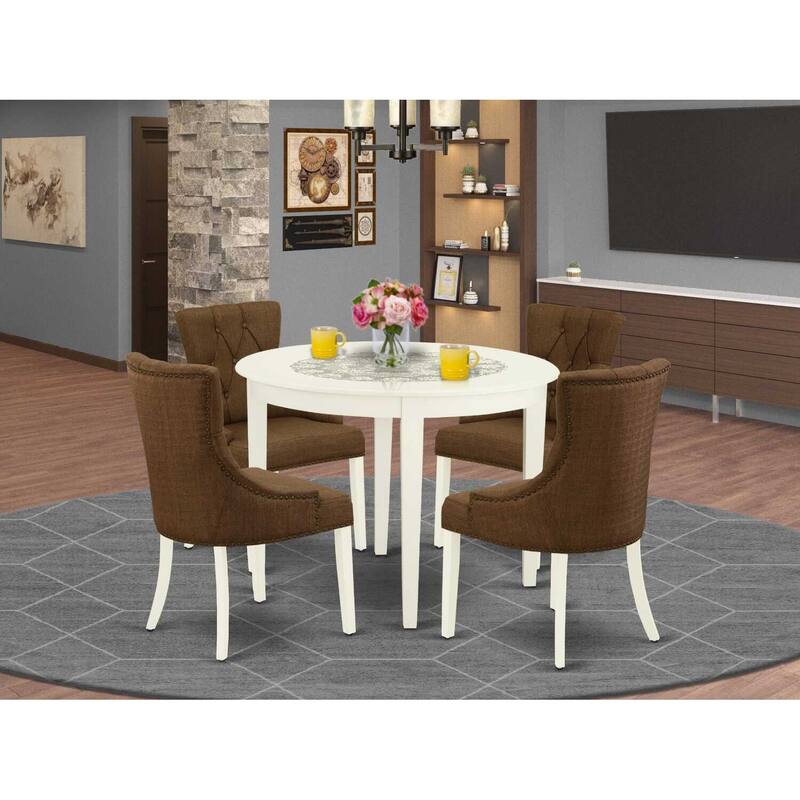 HomeStock 5-Pc Linen white Solid Wood Top - Round Dining Room Set - Seats 4