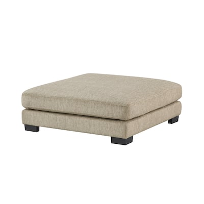 Liny Square Ottoman, 45 Inch Brown Microfiber, Black Solid Wood