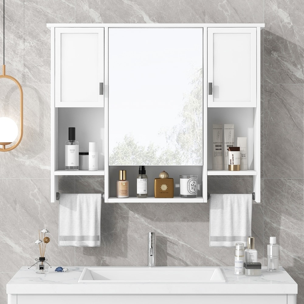 Over the Toilet Medicine Cabinet Wall Cabinet for Bathroom with Mirrored Cabinet, Side Cabinets, Open Shelves and Towel Racks