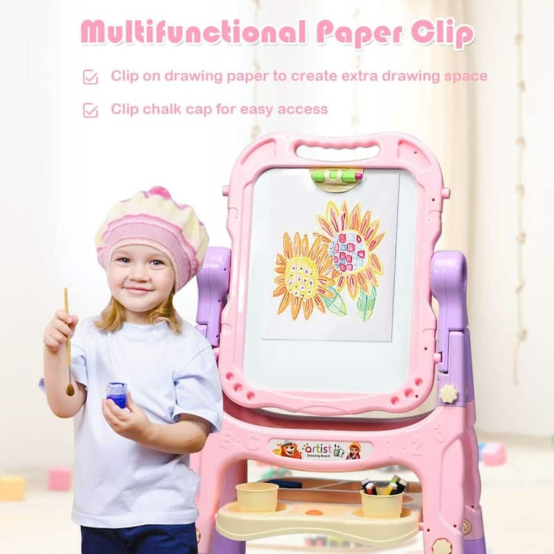 Height Adjustable Kids Art Easel Magnetic Double Sided Board-Pink - Pink - 24" x 17.5" x 43" (L x W x H)