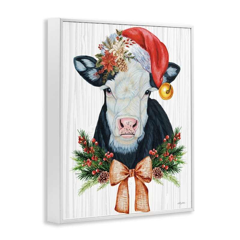 Stupell Festive Cow in Christmas Hat Framed Giclee Art Design By Ashley Justice