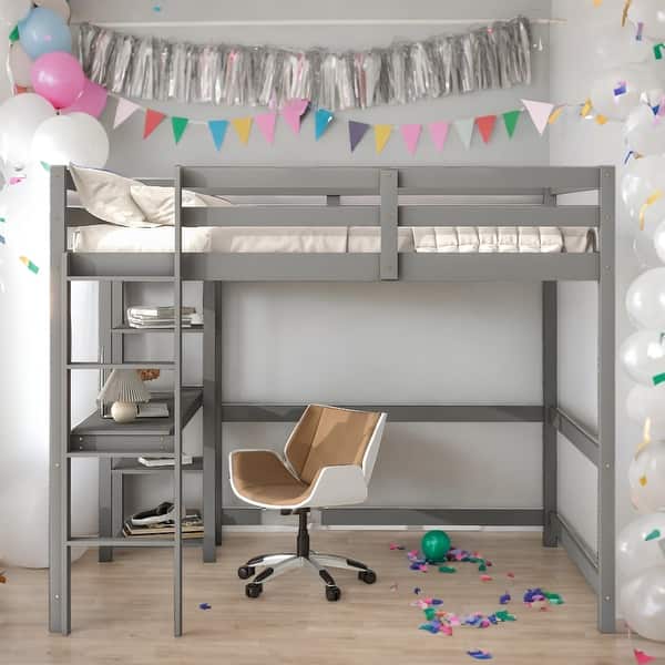 slide 2 of 27, Full Loft Bed Pine Kids Bed with Desk Shelves and Ladder, Grey Grey