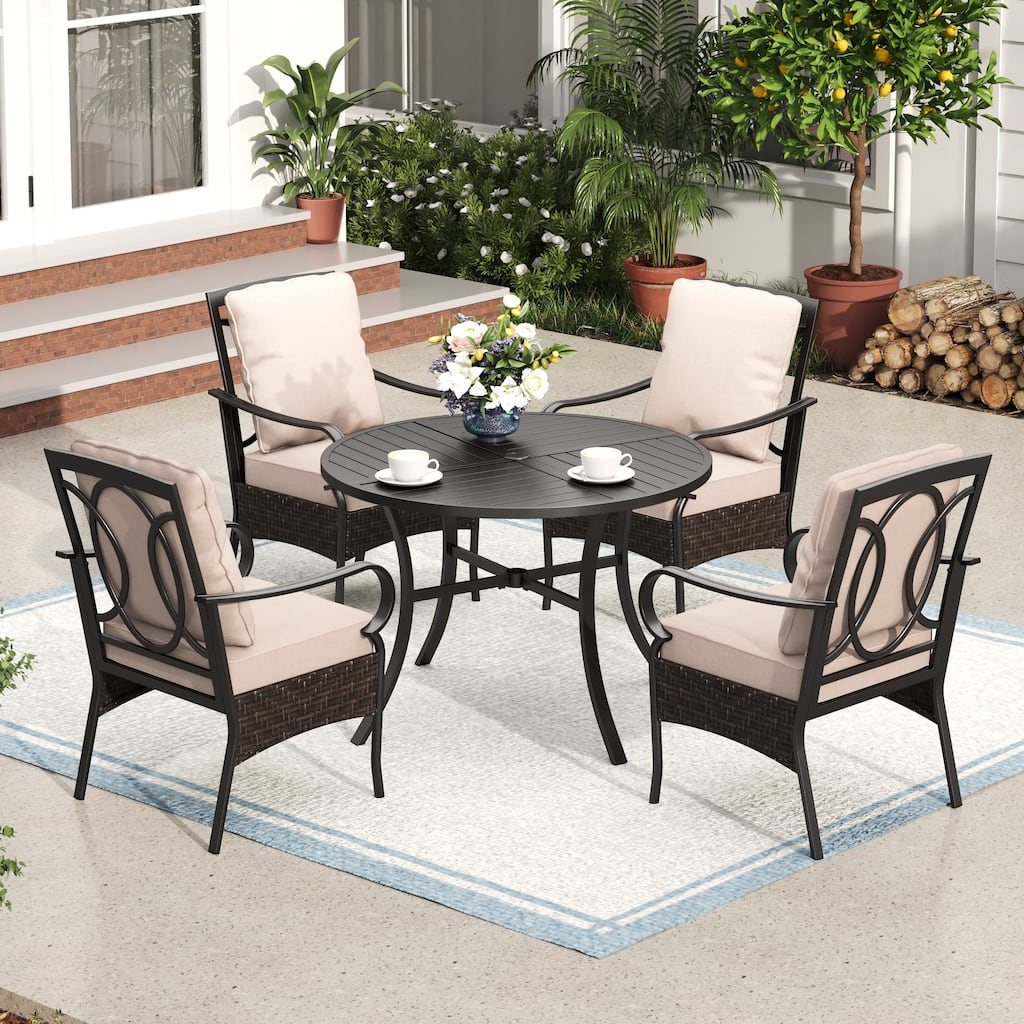 5-Piece Patio Set with 42" Round Metal Table with Umbrella Hole & Wicker Arm Chairs with Cushion