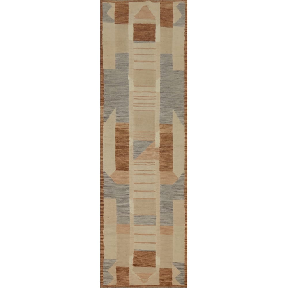 Hand Woven Oriental 100% Wool Carpet Southwestern Modern Multi-Colored Kilim Runner Rug - 11' 8'' X 2' 8''