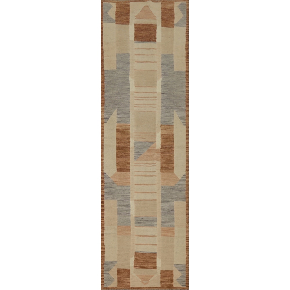 Hand Woven Oriental 100% Wool Carpet Southwestern Modern Multi-Colored Kilim Runner Rug - 11' 8'' X 2' 8''