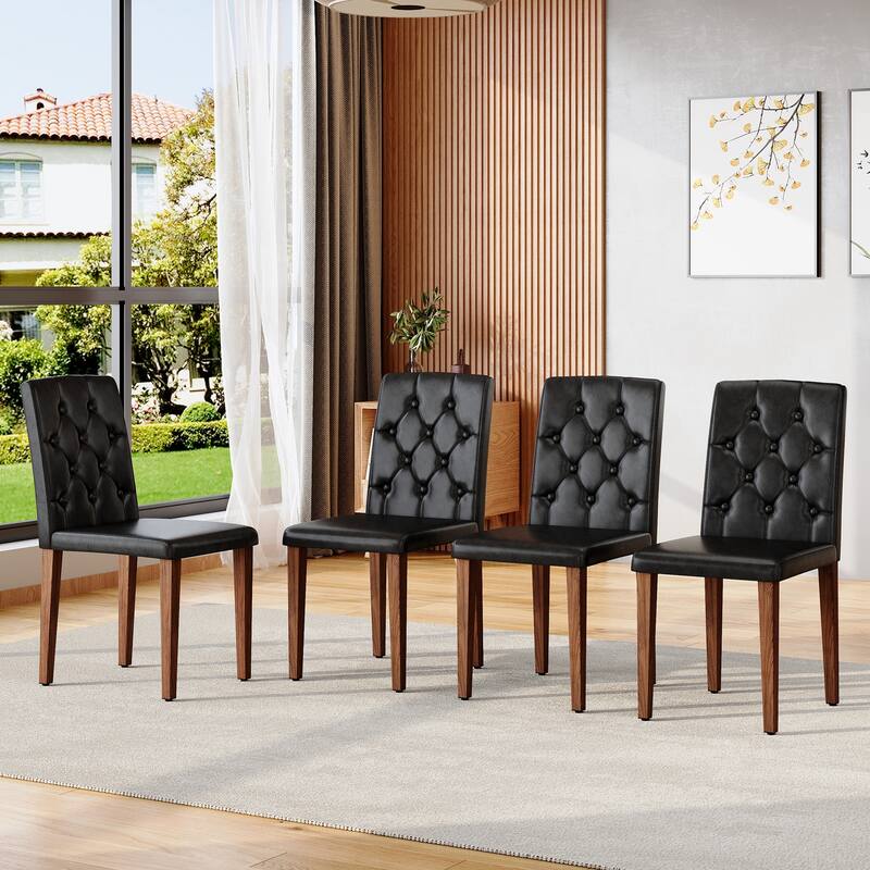 4-piece Technology Cloth Dining Chair: Ergonomically Designed with a Buckle Backrest,35 inches High, Metal Legs - Black,Walnut