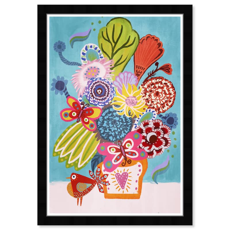 "Colorful Floral Butterflies", Boho Birds and Flowers Modern Blue Framed Wall Art Print for Bedroom - 15 x 21 - Black