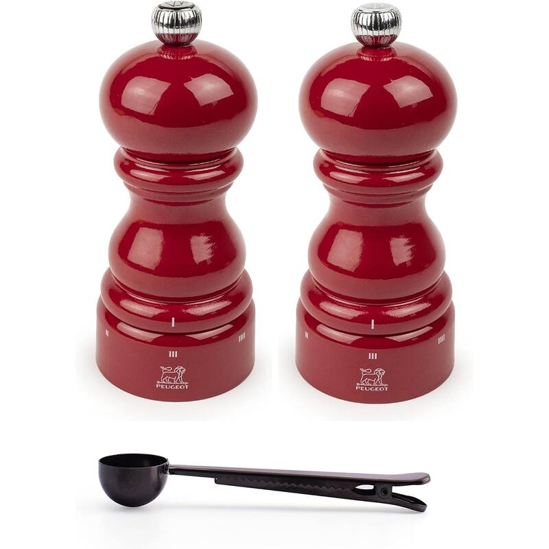 Peugeot Paris u'Select 4.75-inch Salt & Pepper Mill Gift Set, Passion Red - With Stainless Steel Spice Scoop/Bag Clip - Red - 3 Piece