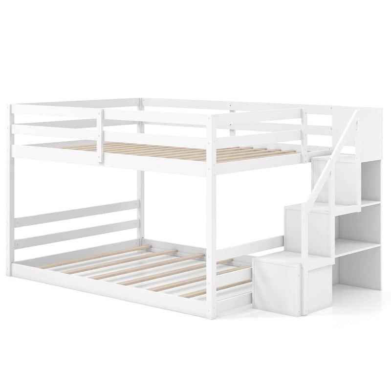 Costway Full Over Full Low Bunk Bed with Storage Stairs with - White - See Details
