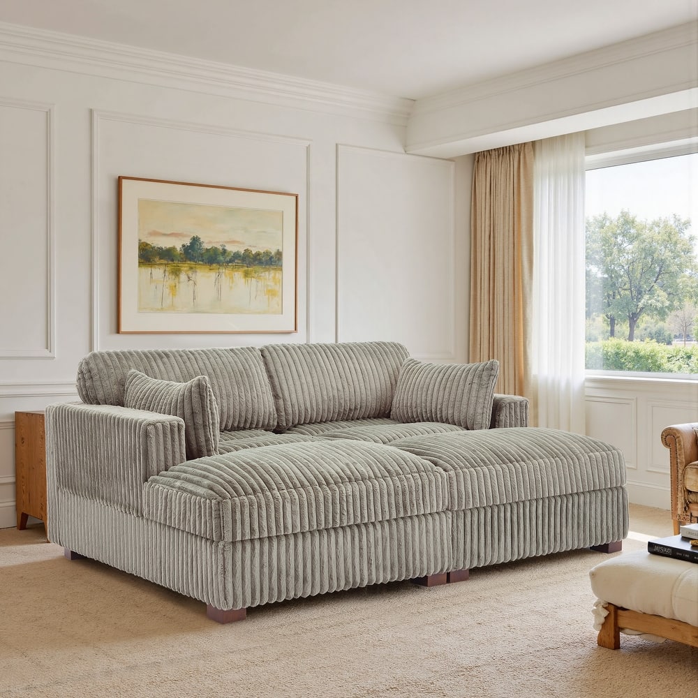 82" W Plush Corduroy Modular Sectional Sofa Chaise Lounge