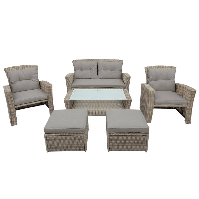 6-Piece Outdoor Patio Rattan Conversation Sofa Set with Tempered Glass Coffee Table and Ottoman