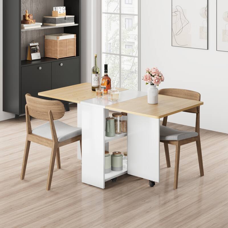 Folding Dining Table with 2 Tier Storage, Extendable Kitchen Table