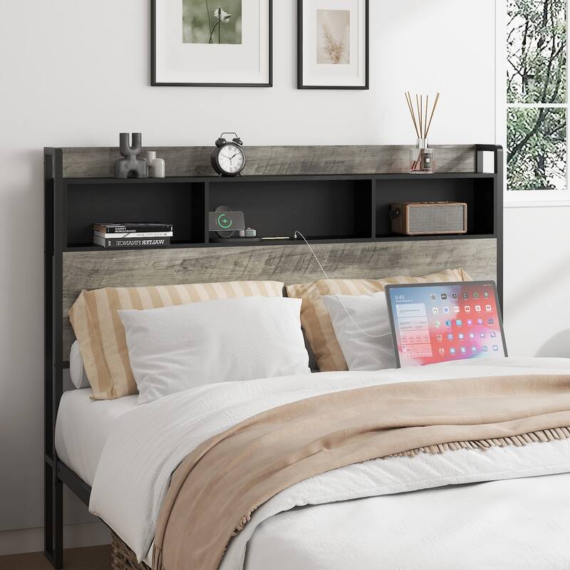 Roomfitters Metal Bed Frame with Storage Headboard, Charging Station, No Box Spring Needed, Easy Assembly, Grey
