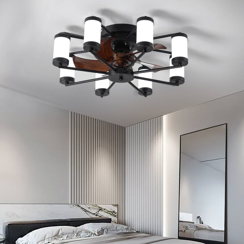 Modern Ceiling Fan Light with 5 Blades and Remote Control, Cylindrical Fixture for Bedroom and Living Room - Black White