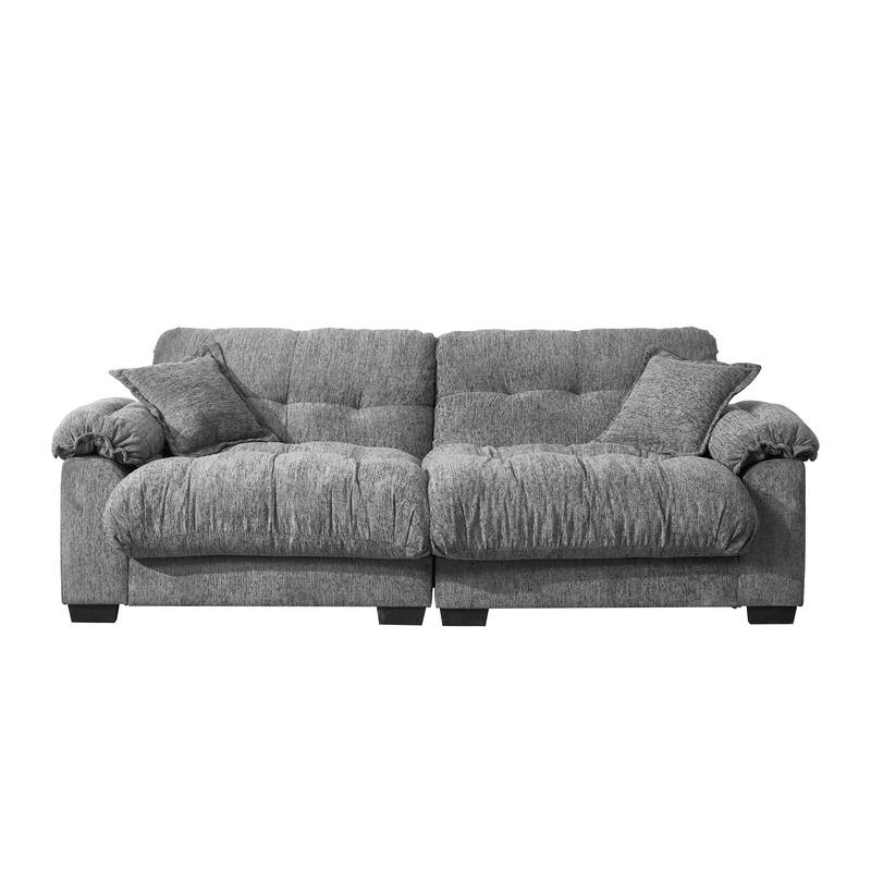91" Modern Chenille Sofa Tufted Upholstered Couch with Two Throw Pillows for Living Room, Office, Living Room
