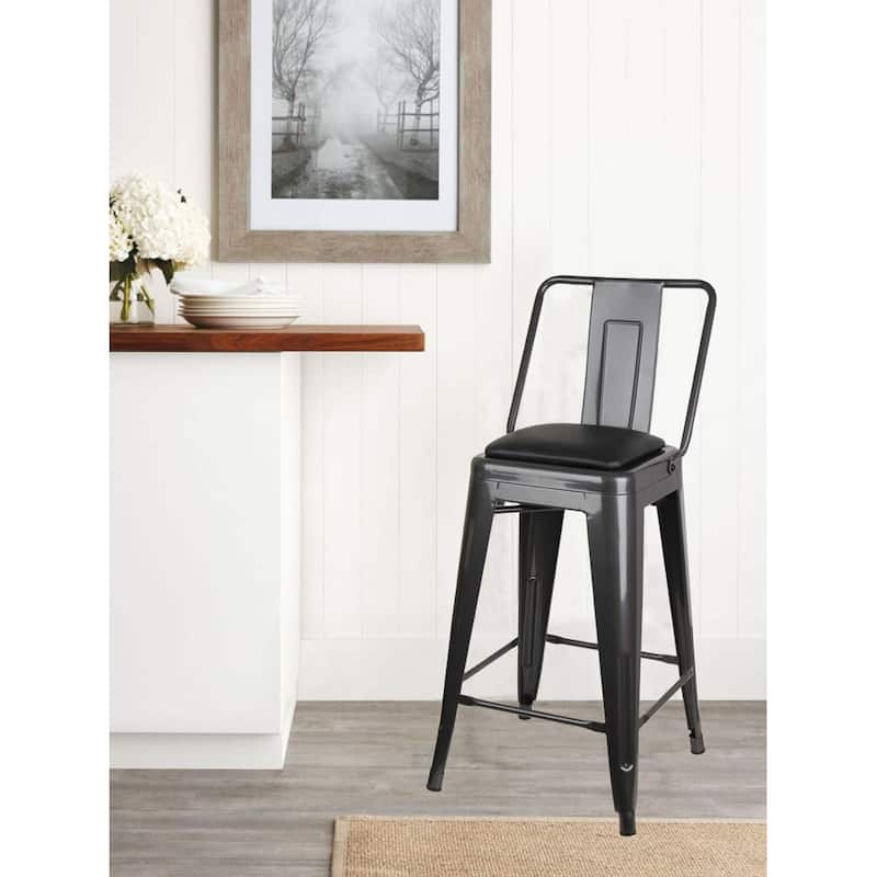 24" High Back Metal Stool with Leather Cushion-Set of 2