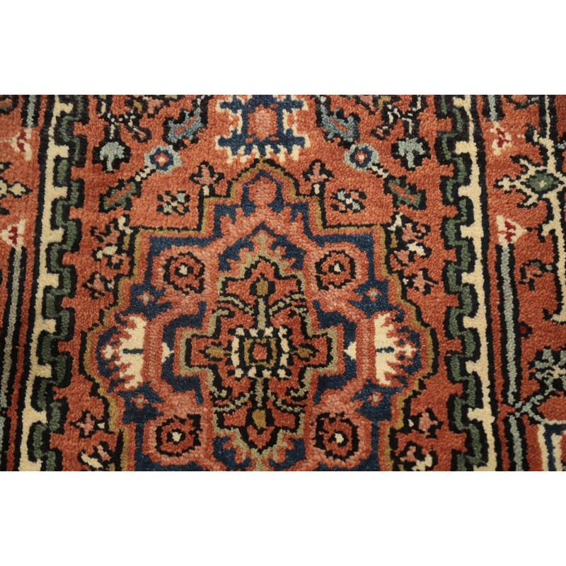 Hand Knotted Oriental 100% Wool Carpet Traditional Geometric Oranges & Rust Heriz (serapi) Runner Rug - 10' 1'' X 2' 7''