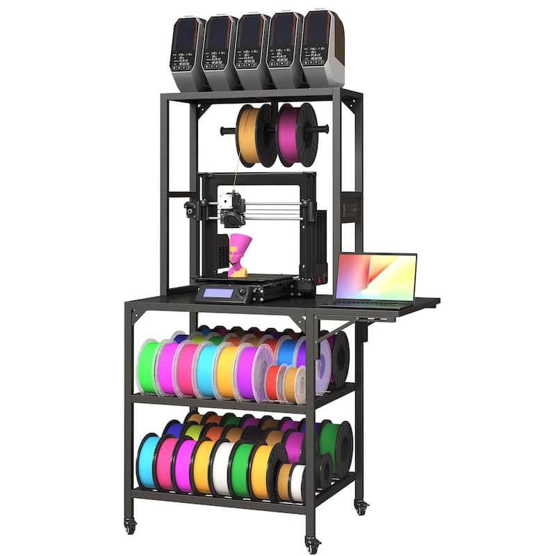 Heavy Duty 3D Printer Table Stand with Filament Storage Rack, T-Shaped Spools Holder & Wheels - Perfect for 3D Printing Studio - Black