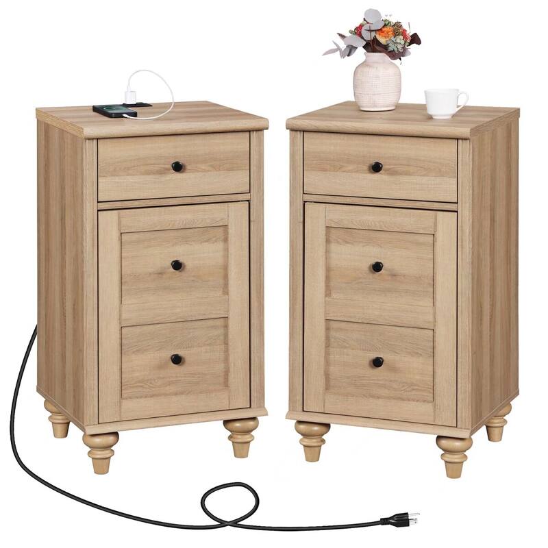 Set of 2 End Tables with Charging Station & Drawer Storage Cabinet