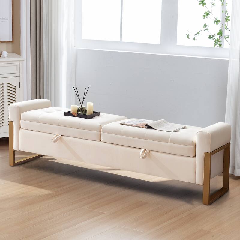 66" Storage Bench King Size End of Bed with Double Lids and Gold Legs
