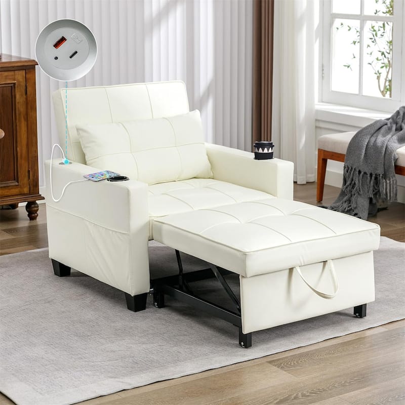 3-in-1 Pull out Convertible Futon Sleeper Armchair Beds with USB Ports