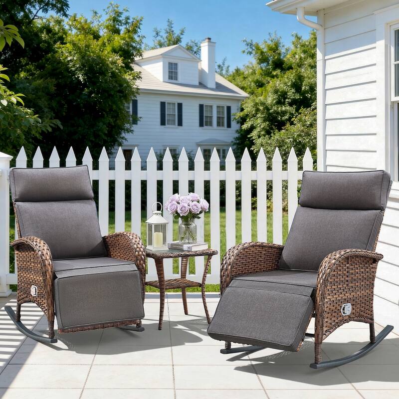 Pocassy Outdoor Patio Rocking Lounge Chairs with Adjustable Backrest Set. - Brown Wicker with Gray Cushion - 3 Piece Rocker Recliner Chair with Side Table