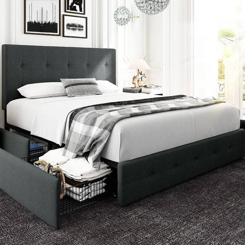 Full Size Bed Frame with 4 Storage Drawers & Headboard, Dark Grey
