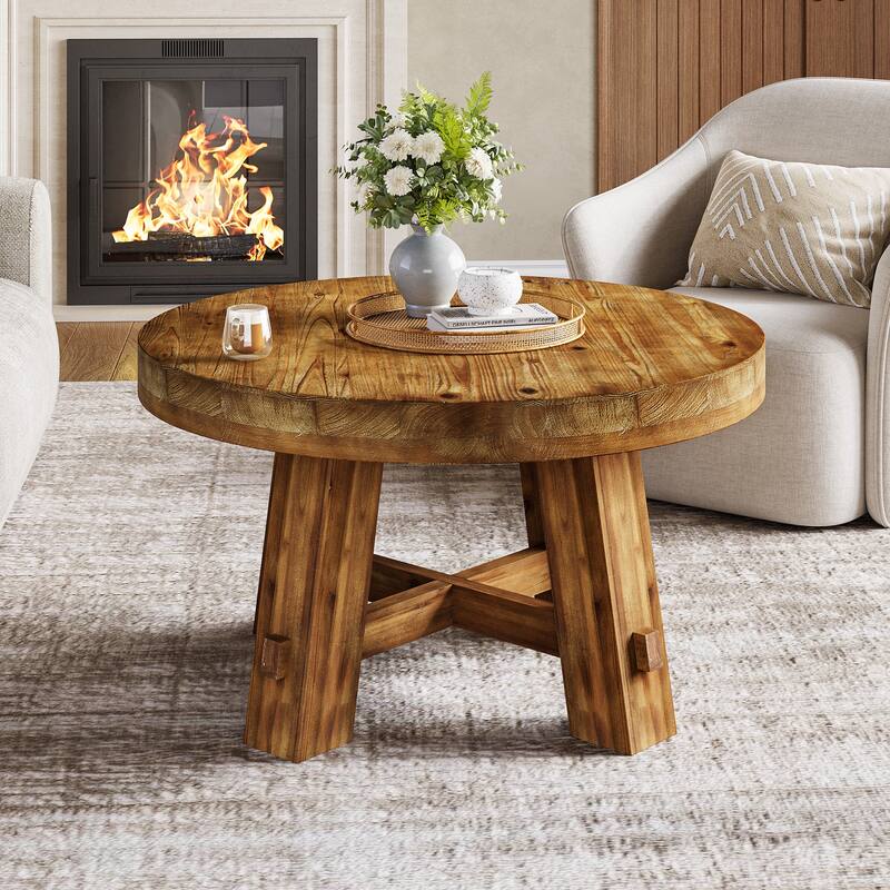 31.5-Inch Round Coffee Table, Solid Wood Center Table