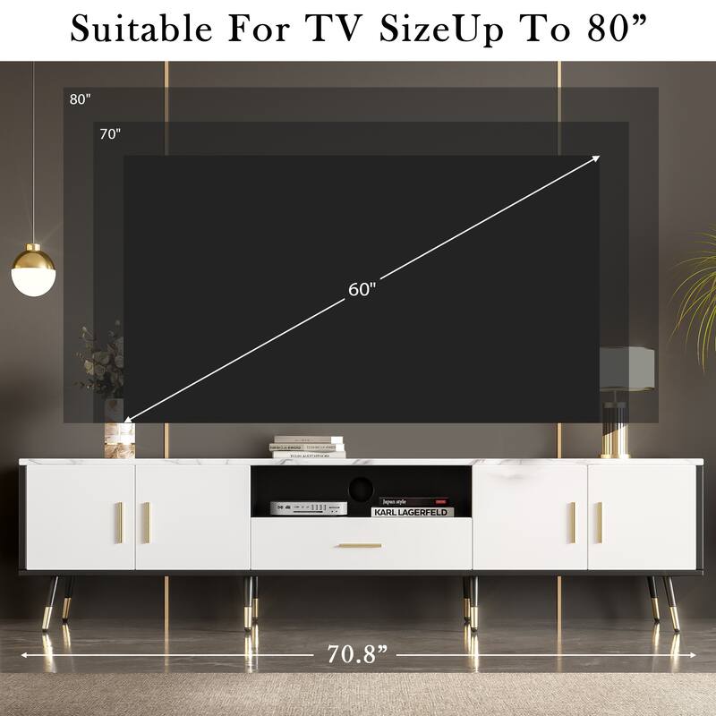 Stylish 71" TV Console for TVs up to 80", Multi-Purpose Entertainment Center with 2 Cabinets & Open Storage