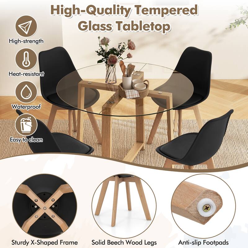 Gymax 5 PCS Dining Table Set for 4 w/ Solid Wood Legs Tempered Glass