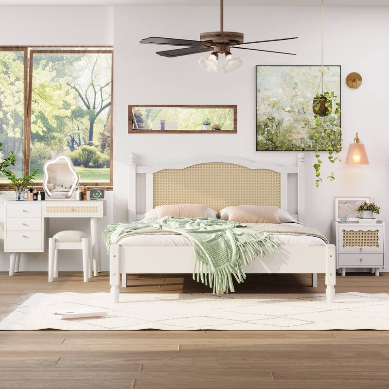 Wooden Platform Bed with Rattan Headboard Curved Wingback Bed Vintage Bed Frame Wood Slat Support Bed with Underbed Storage