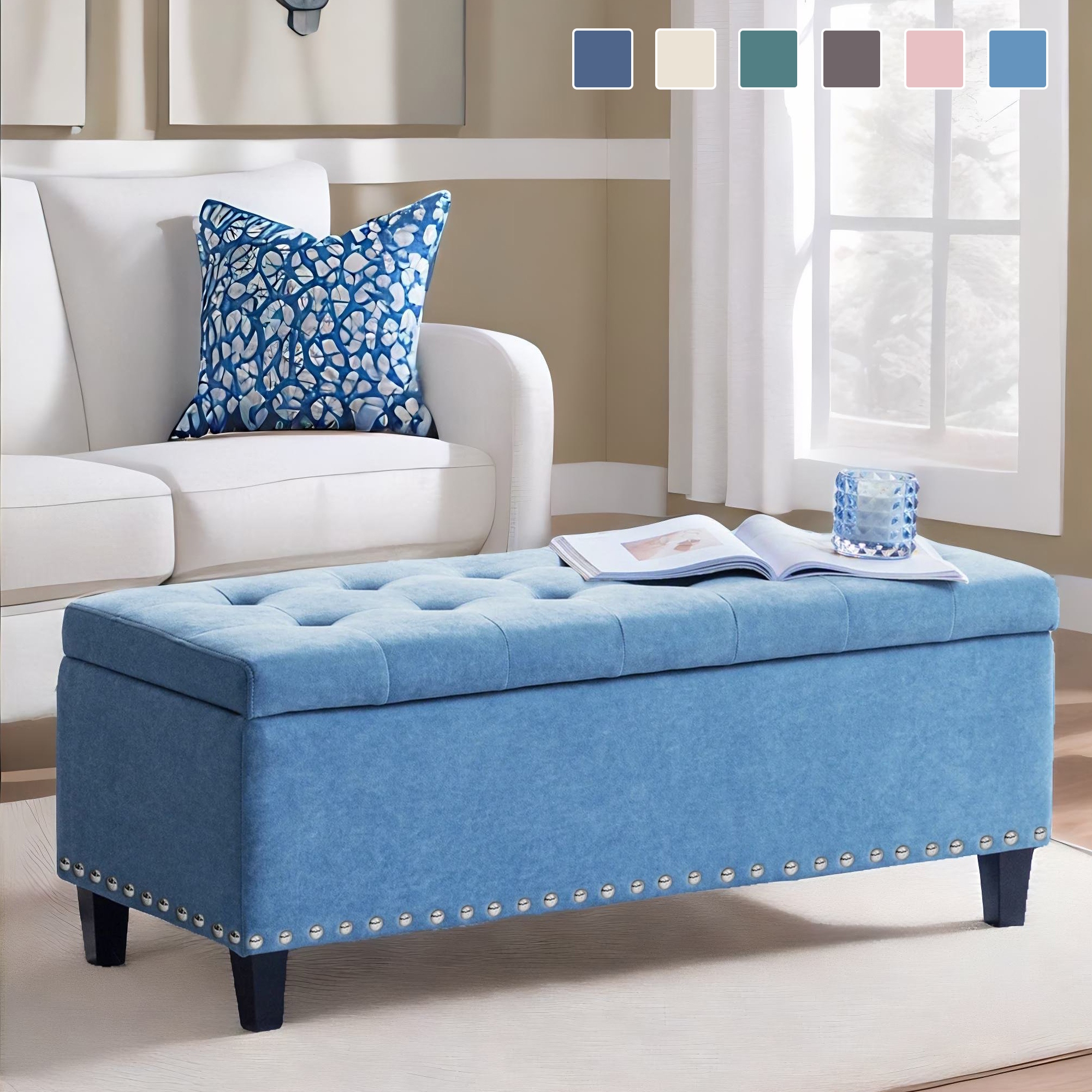 Blue ottoman storage shop bench