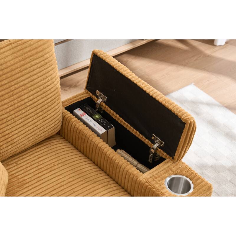 Corduroy Sofa Set with Ottoman, Handrail Storage & Cup Holders