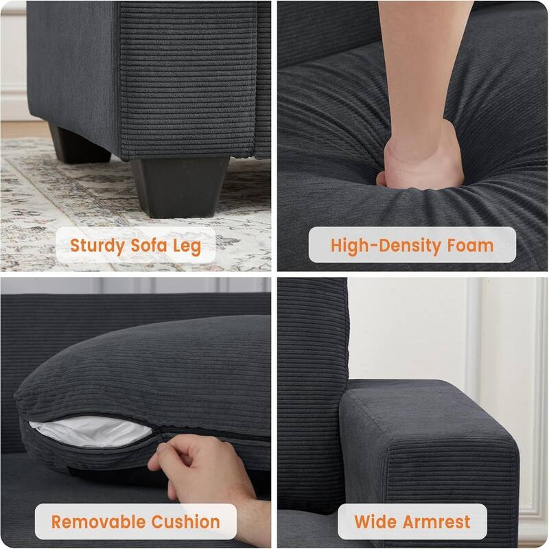 3 Seater Corduroy Upholstered Couches, with Wide Armrests, 83"