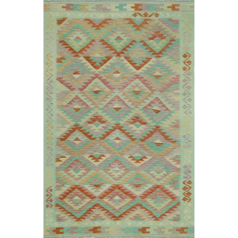 Sun Faded Flatweave Beore Red/Blue-Green Rug - 6'1" x 9'8"