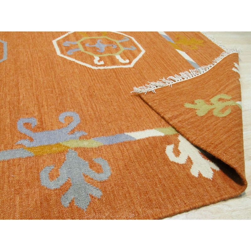 Rust Handmade Wool Traditional Suzani Kilim Rug, 9' x 12' - Bold Suzani pattern in a flatweave wool rug. - N/A