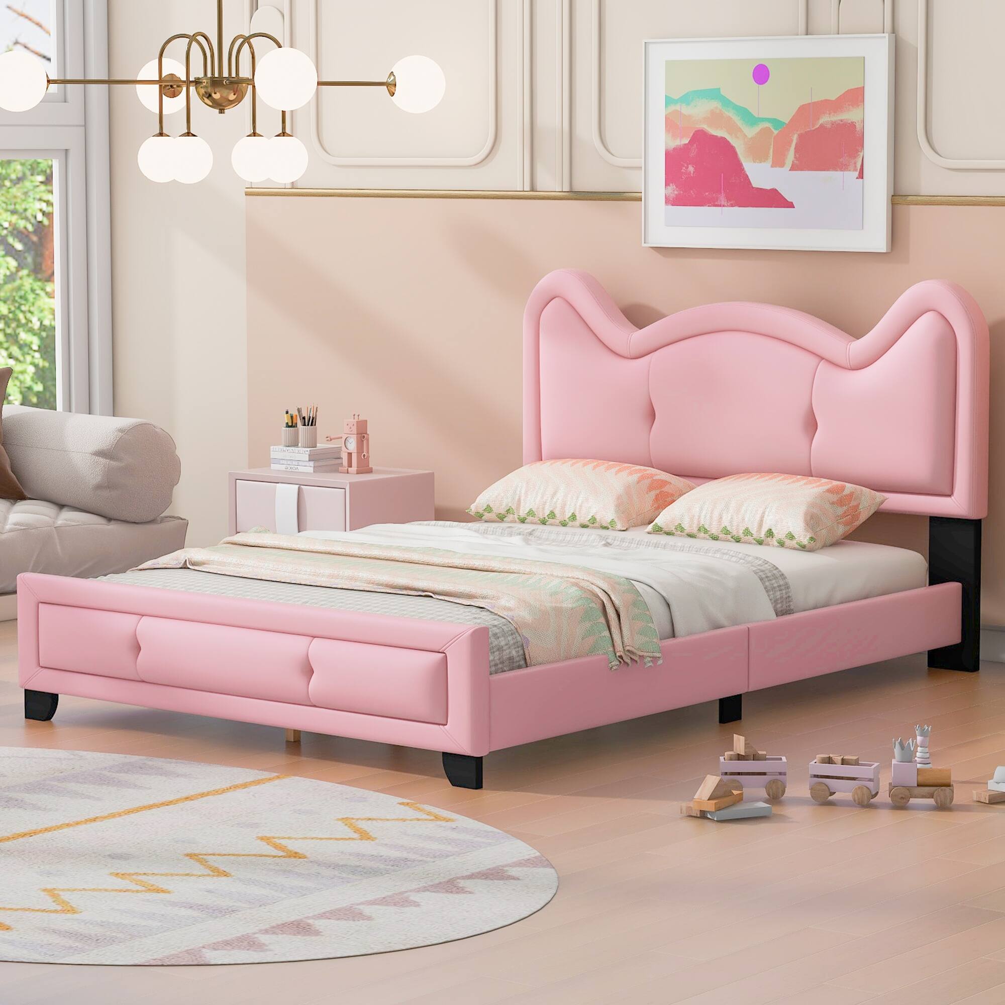 Pink Cute Pine Wood Upholstered Platform Bed with Cartoon Ears - Bed ...