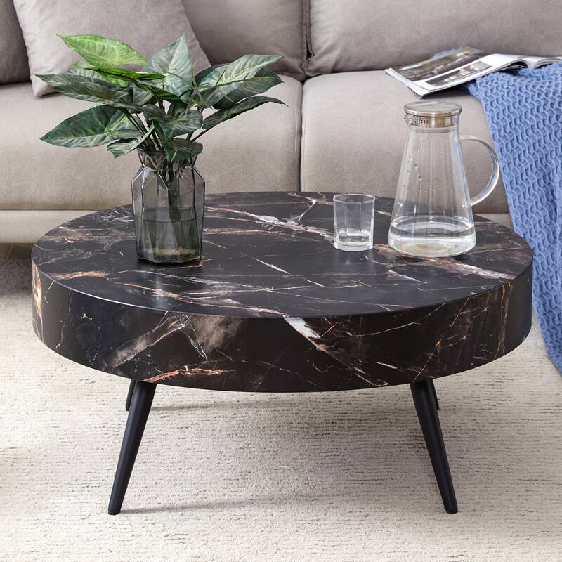 31.5 Inch Round Coffee Table with Adjustable Legs Small End Table with Marble Sticker Top Home Center Table